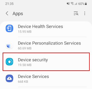 Device security app on a Samsung phone