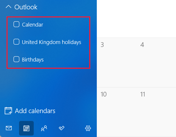 Disable Microsoft account in Windows calendar