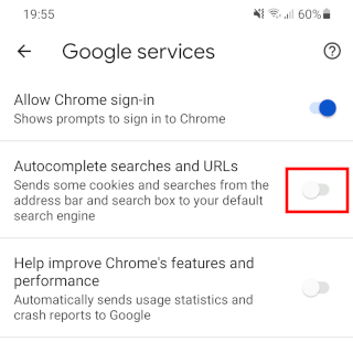 Disable autocomplete searches and URLs in Google Chrome for Android