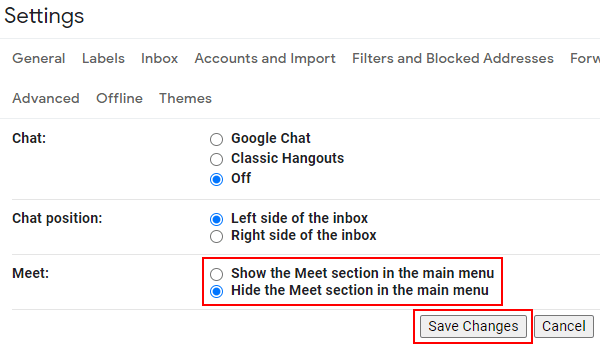 Disable Meet section in Gmail