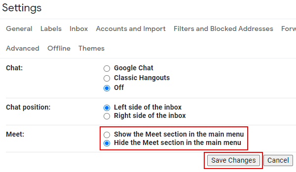 Désactiver la section Meet dans Gmail