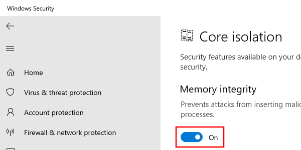 Disable Memory integrity in Windows 10