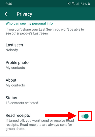 Disable read receipts on WhatsApp on an Android phone