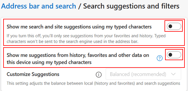 Disable search suggestions in Microsoft Edge