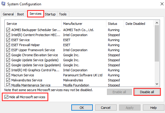 Disable services in Windows
