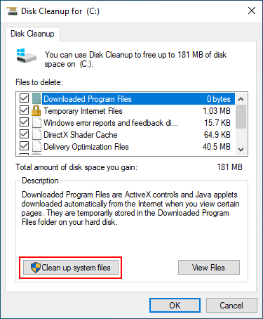 Disk Cleanup Clean up system files button