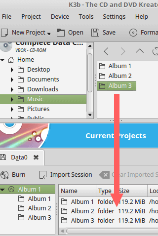 drag and drop files and folders to the burn compilation in k3b