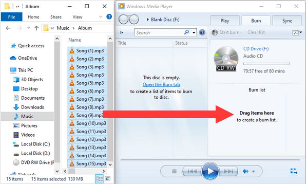 Arraste os arquivos do File Explorer para o Windows Media Player Burn List