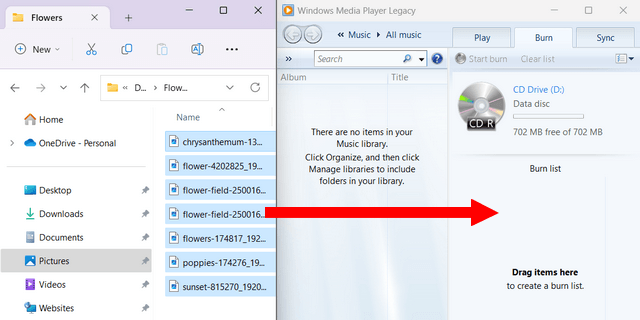 Drag files to the burn list in Windows Media Player