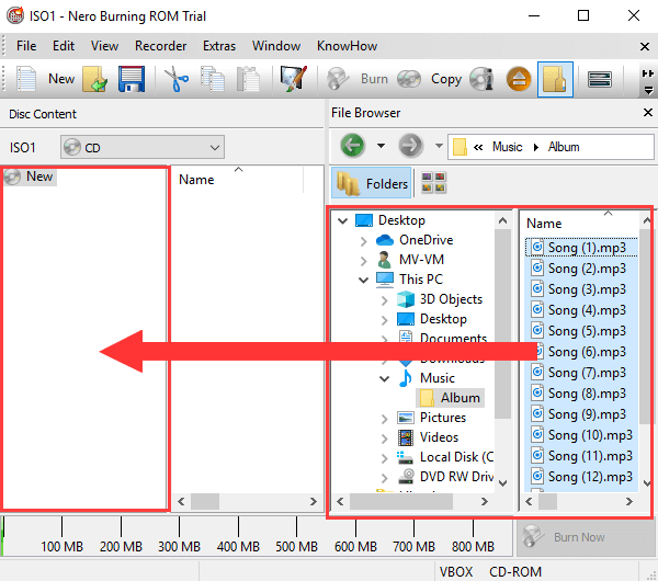 Drag MP3 songs or folders to Disc Content section in Nero Burning Rom