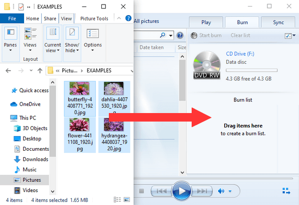 Drag pictures from Windows Explorer to Windows Media Player burn list