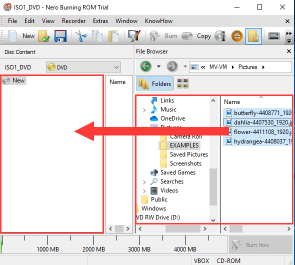 Drag pictures to burn compilation in Nero Burning Rom