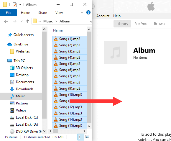 Faites glisser des chansons de l'Explorateur Windows vers la liste de lecture iTunes