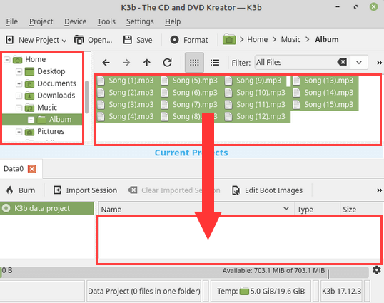 Drag songs or folders to compilation in k3b