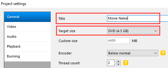 DVD Flick project settings general tab