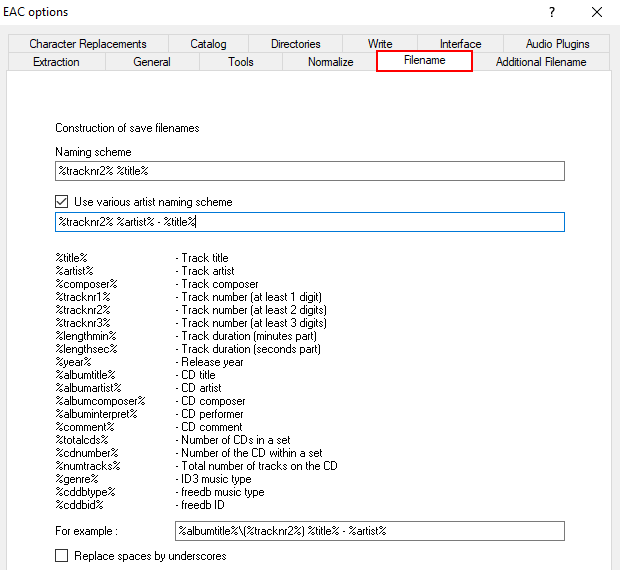 EAC filename settings