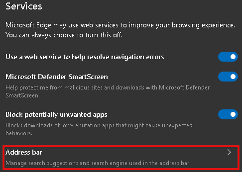 Edge address bar settings