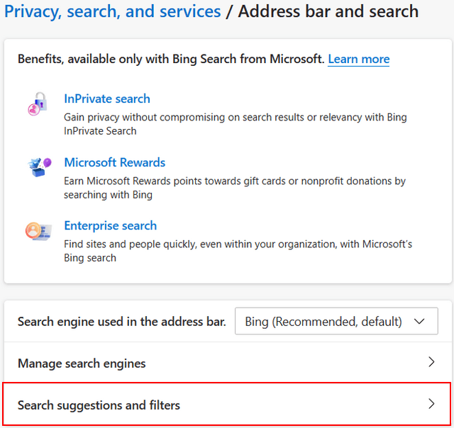 Edge Search suggestions and filters