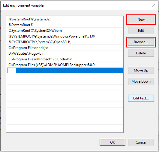 Edit environment variable window