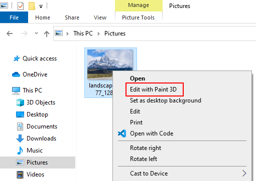 The Edit with Paint 3D context menu option on Windows 10