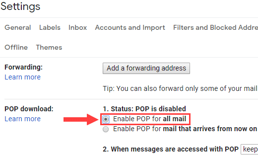 Enable POP for all mail option in Gmail