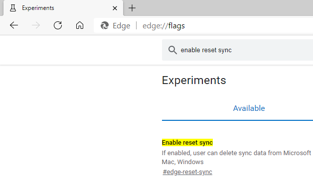 Enable reset sync flag in Microsoft Edge