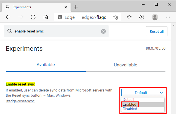 Enable the Reset sync flag in Microsoft Edge