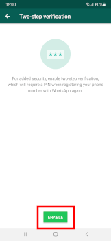 Enable two-step verification button in WhatsApp