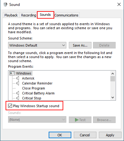 Enable Windows startup sound in Windows 10