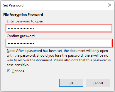 Enter a password for a document in LibreOffice