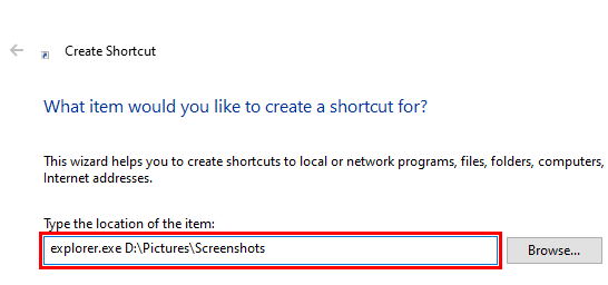 Enter the path for the folder shortcut