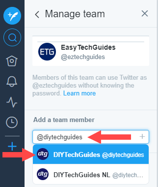 Enter Twitter username you want to add to team