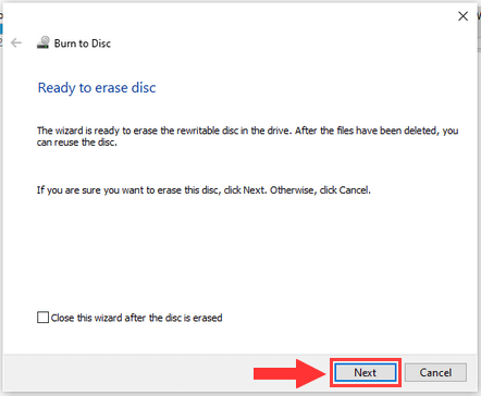 Erase a rewritable CD or DVD in Windows 10 step 4