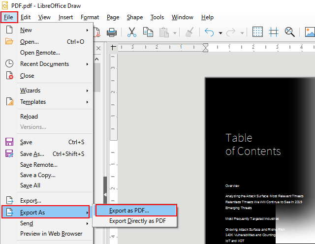 Export as PDF menu entry in LibreOffice