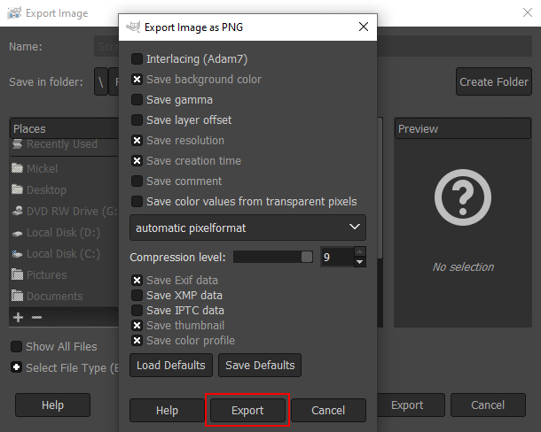 Export button in GIMP