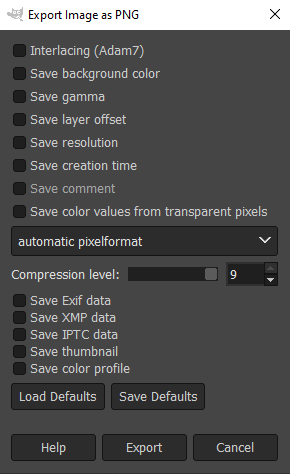 Export Image as PNG options in GIMP