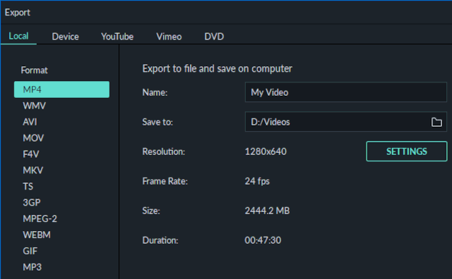 Export settings in Filmora