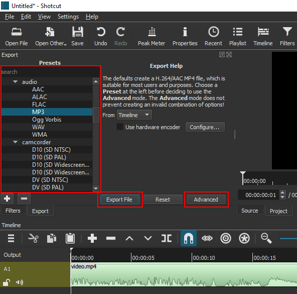 Export settings in Shotcut