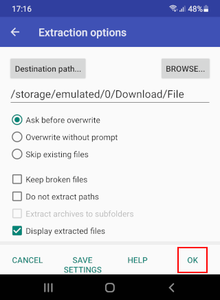 Extract a ZIP file on Android using the RAR app