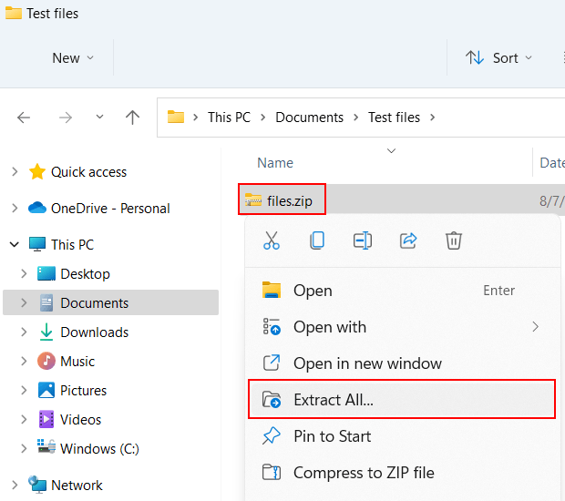 Extract ZIP file in Windows 11