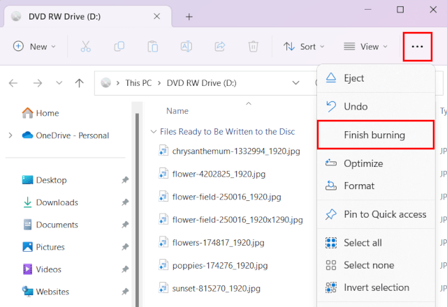Finish burning option in Windows 11 File Explorer