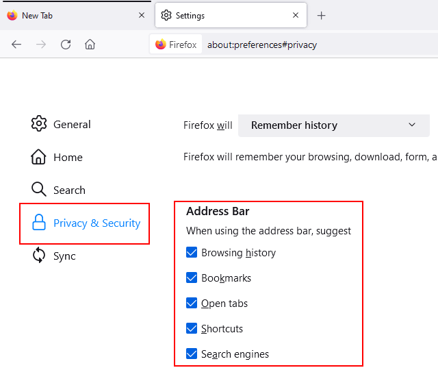 Firefox address bar settings