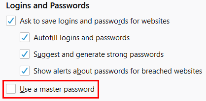 Firefox master password option