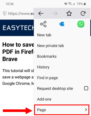 Firefox menu on Android