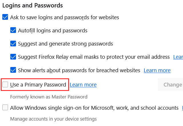 Firefox Primary Password setting