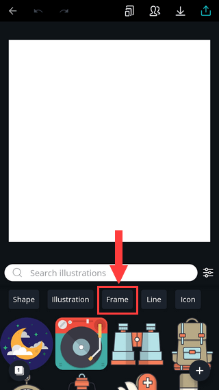 Frame button in Canva app