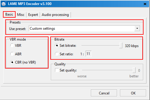 fre:ac LAME MP3 Encoder settings