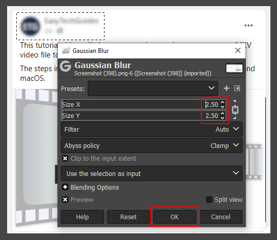 Gaussian Blur window in GIMP