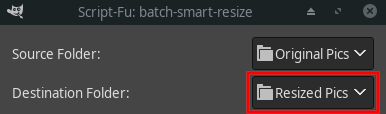 GIMP batch-smart-resize Destination folder selection menu