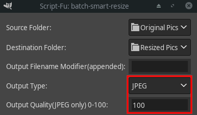 GIMP batch-smart-resize output type and quality settings